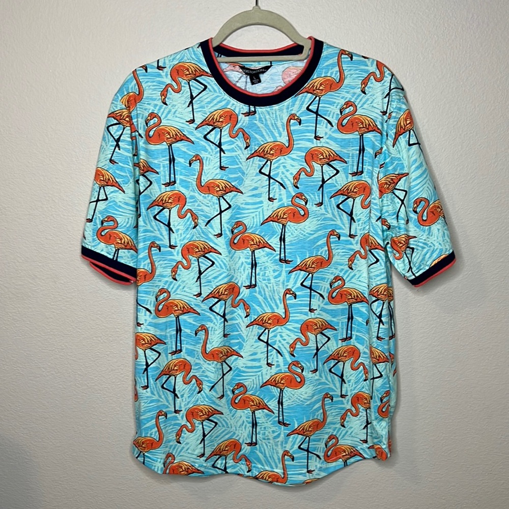 Distortion Men's Large Cotton Blend Shirt Blue with Orange Flamingos NWT
